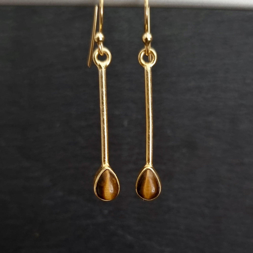 Gold Plated Teardrop Tiger's Eye Earrings in 925 Silver
