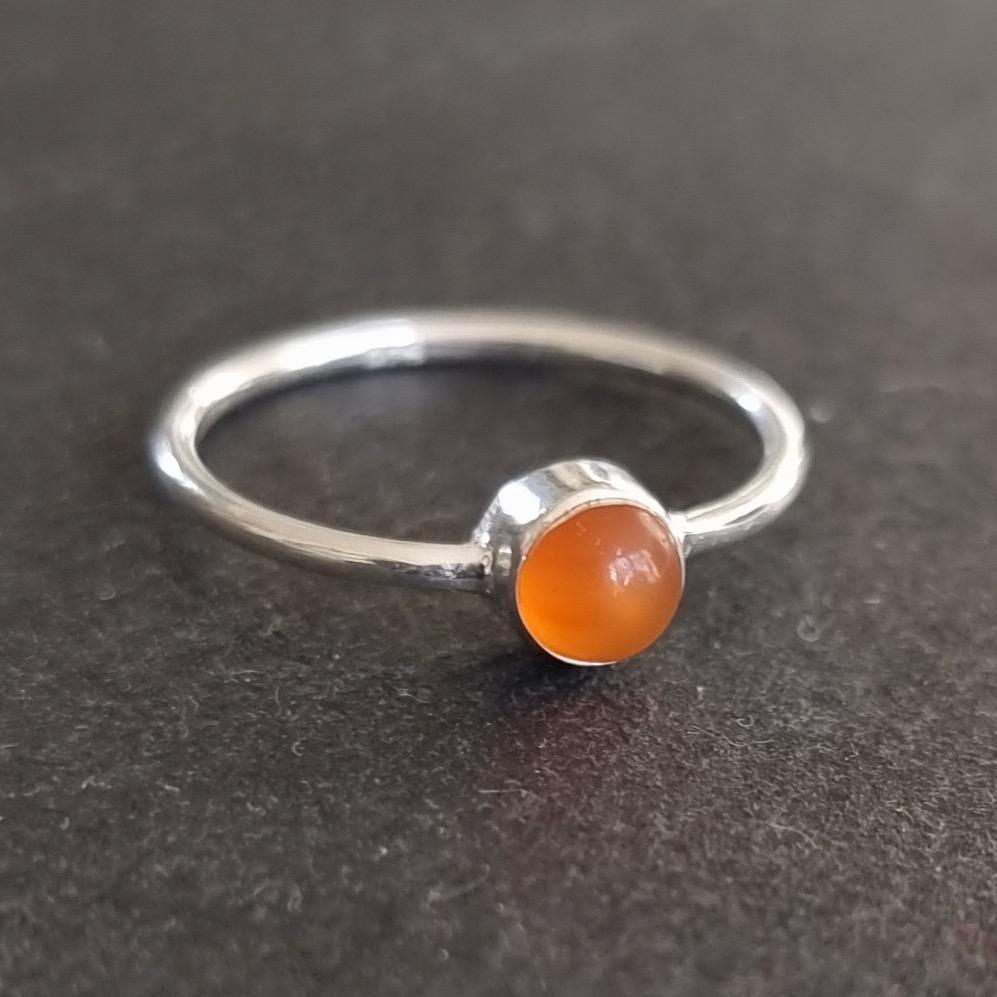 Modern 5mm Round Carnelian Ring, 925 Sterling Silver Stacking Ring, Bright Orange Gemstone Solitaire Anniversary Ring, Mistry Gems, R10CARN