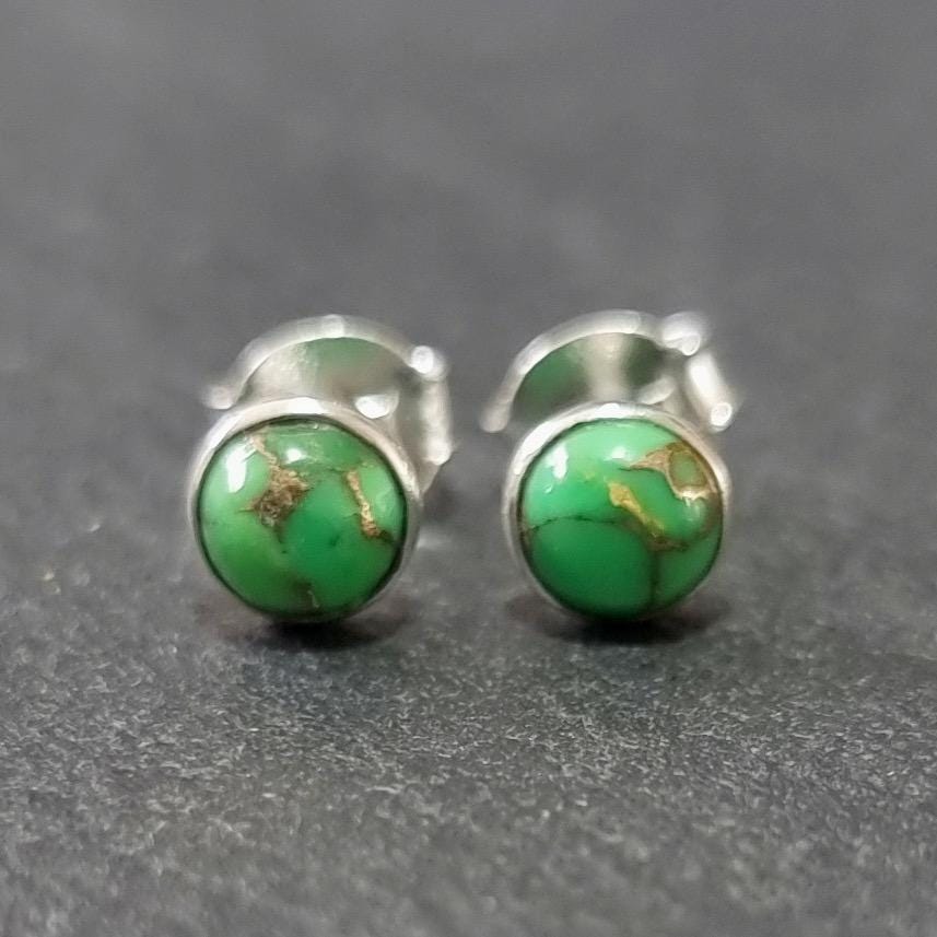 Dainty 5mm Green Copper Turquoise Studs Earrings | 925 Sterling Silver, S5GCT