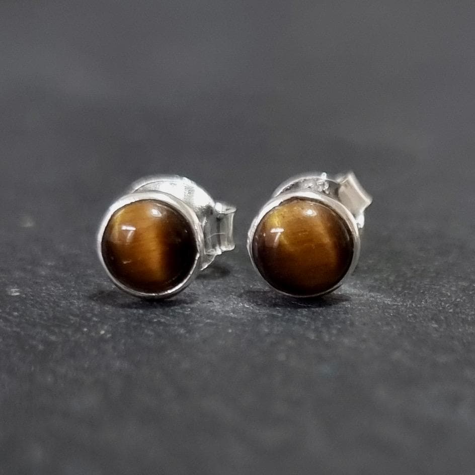 Dainty 5mm Round Tigers Eye Stud Earrings | 925 Sterling Silver, S5TE