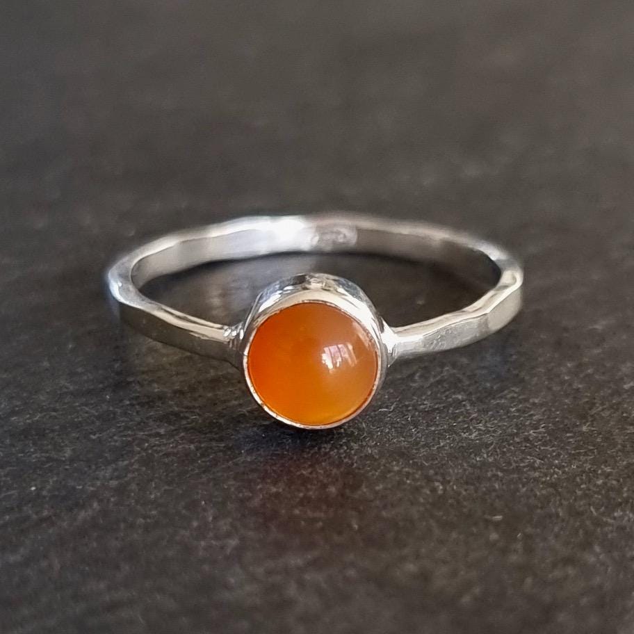 Dainty 6mm Round Carnelian Ring, Dimpled Band Sterling Silver Stacking Ring, Bright Orange Solitaire Anniversary Ring, Mistry Gems, R11CARN