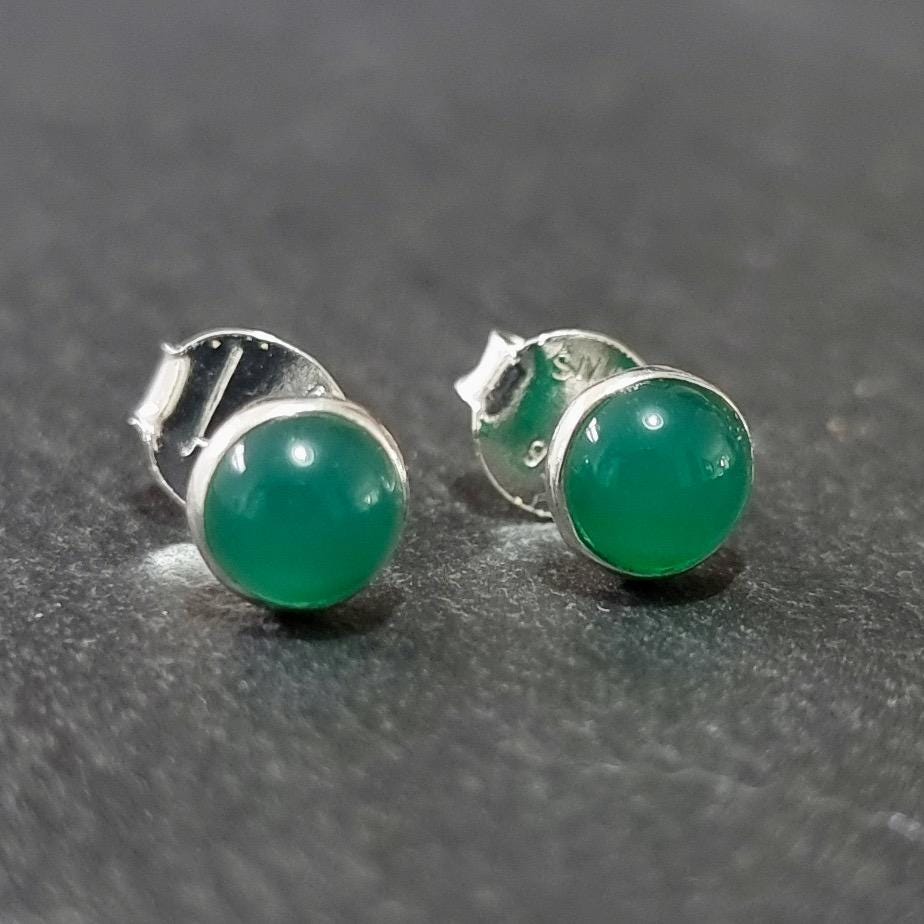 Dainty 5mm Round Green Onyx Studs Earrings | 925 Sterling Silver, S5GO