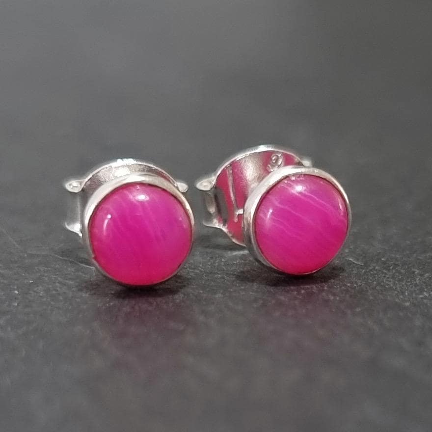 Dainty 5mm Round HOT Pink Agate Studs Earrings | 925 Sterling Silver, S5PAG