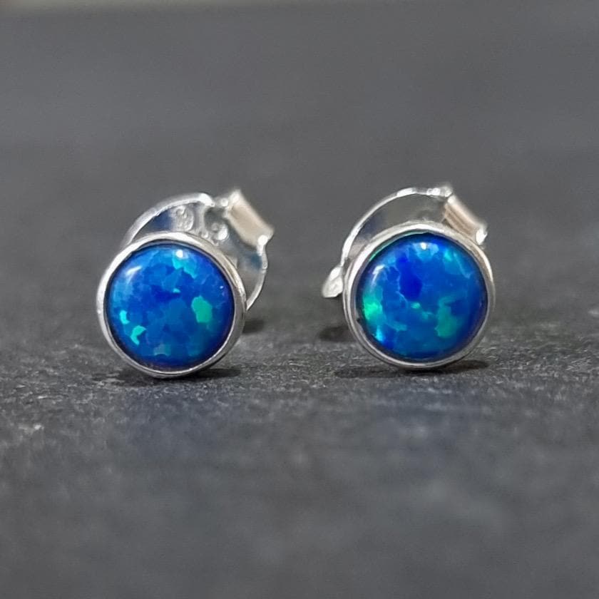 Dainty 5mm Round Blue Opal Studs Earrings | 925 Sterling Silver, S5BOP