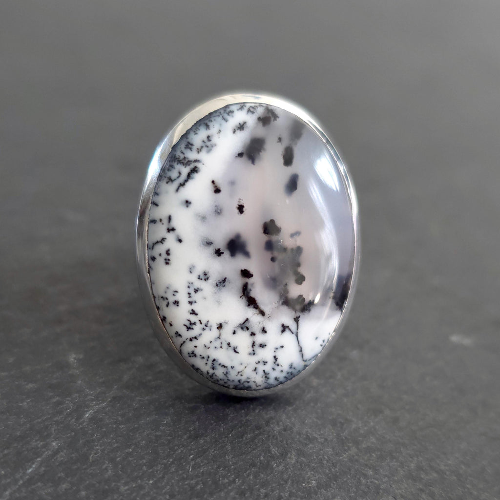 Large Oval Dendritic Opal Ring, 925 Sterling Silver, US 7 1/2 UK O 1/2, Stone 2.6cm x 1.8cm, Natural Merlinite Jewellery, Mistry Gems, R132
