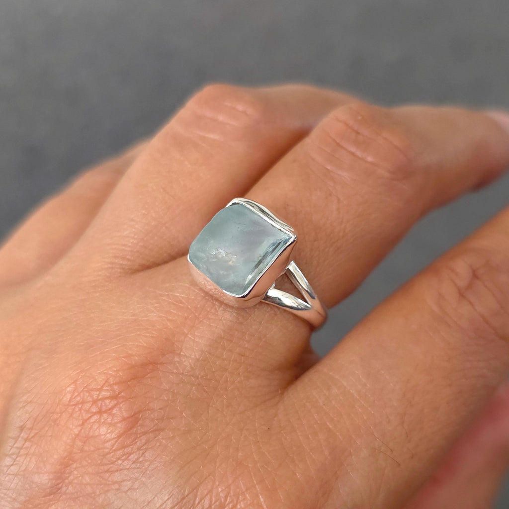 Natural Rough Aquamarine Ring, 925 Sterling Silver, Size US 9 UK R 1/2, March Birthstone, 19th Anniversary Gift for Her, Mistry Gems, R94