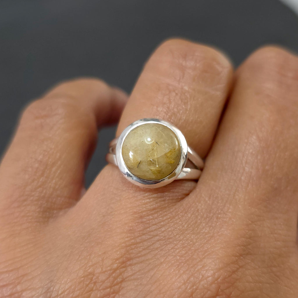 Unisex Golden Rutile Quartz Ring, 925 Sterling Silver, Size US 6 UK L, Angel Hair Jewelry, Gold Gemstone Engagement Ring , Mistry Gems, R213