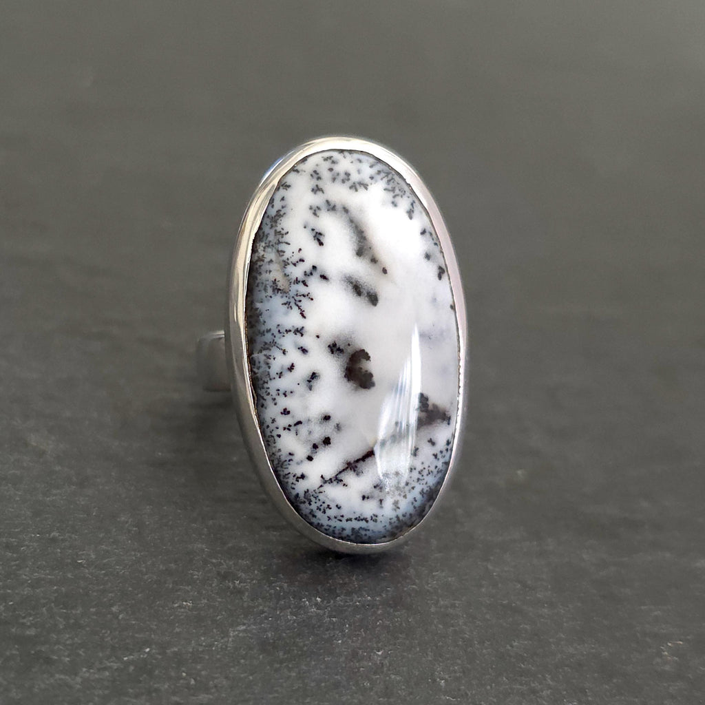 Large Oval Dendritic Opal Ring, 925 Sterling Silver, US 6 1/4 UK L1/2-M, Stone Size 2.5cm x 1.4cm, Merlinite Jewellery, Mistry Gems, R135
