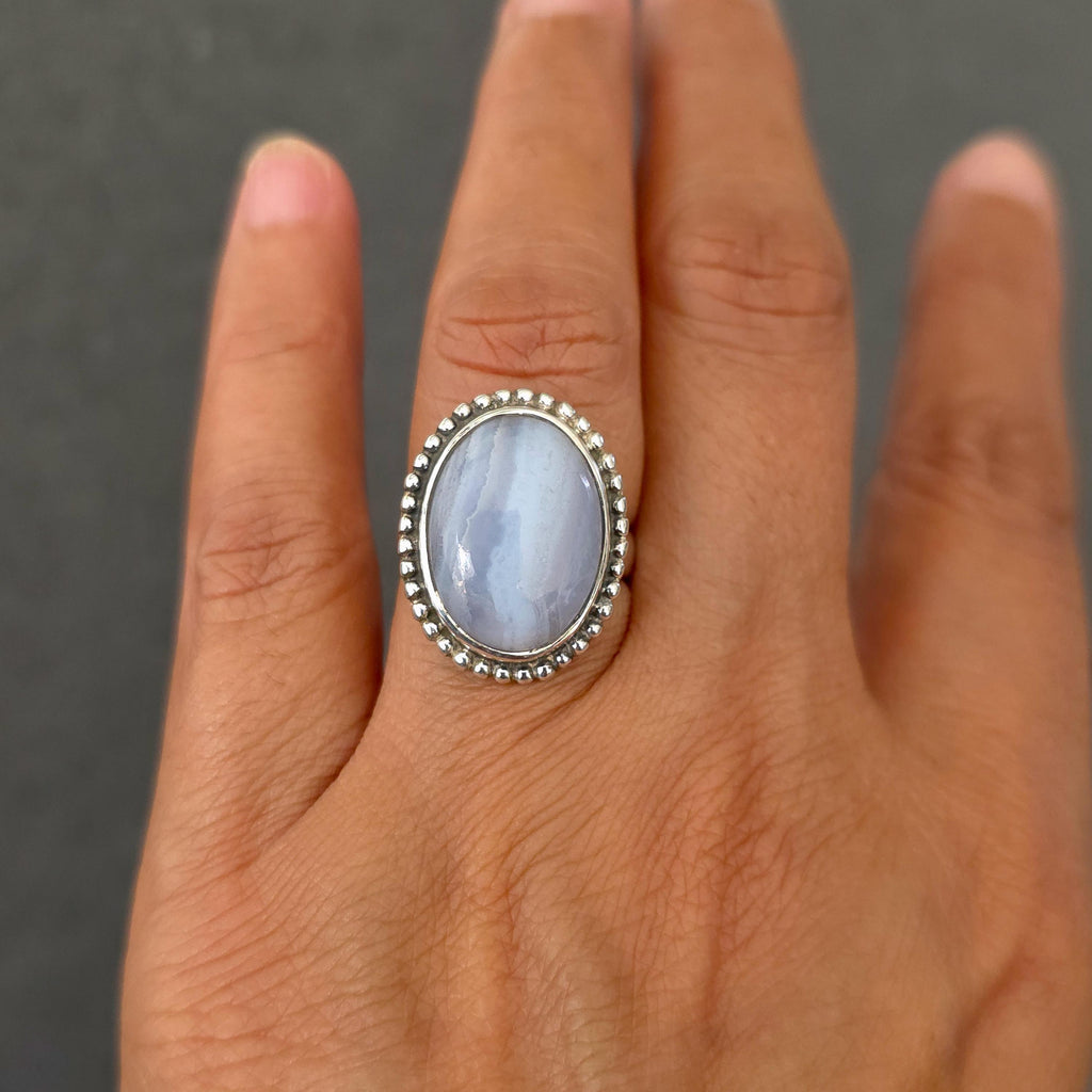 Boho Oval Blue Lace Agate Ring, 925 Sterling Silver, Ring Size US 7 UK N 1/2, Stone Size 1.8cm x 1.4cm, Mistry Gems, R65