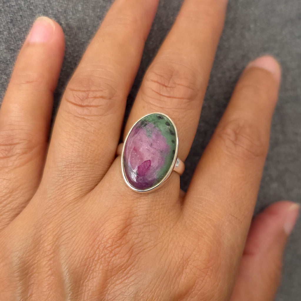 Oval Ruby Zoisite Ring, 925 Sterling Silver, Size US 8 UK P 1/2, Stone size 2.2cm x 1.3cm, Chunky Solitaire Cocktail Ring, Mistry Gems, R66