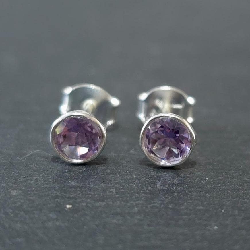 Dainty Round Facetted Amethyst Studs Earrings, 925 Sterling Silver, Stone Size 0.5cm, February Birthstone, 6th Anniversary, Mistry Gems,S5AF