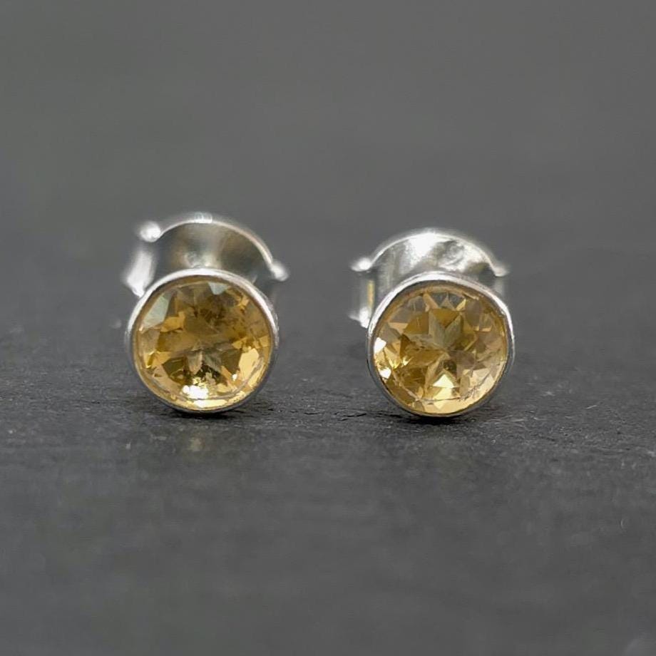 Dainty Round Citrine Stud Earrings, 925 Sterling Silver, Stone Size 0.5cm - 5mm, November Birthstone, 13th Anniversary, Mistry Gems, S5CIT