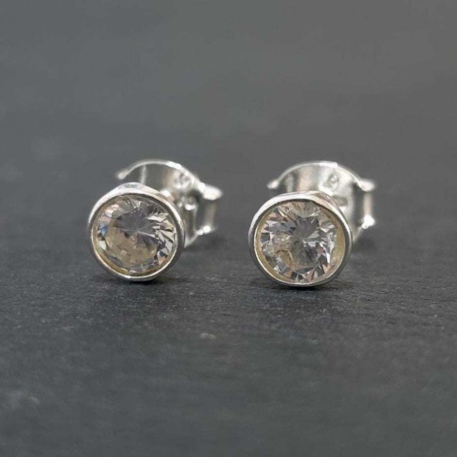 Dainty Round Cubic Zirconia Stud Earrings, 925 Sterling Silver, Stone Size 0.5cm - 5mm, April Birthstone, 10th Anniversary, Mistry Gems,S5CZ