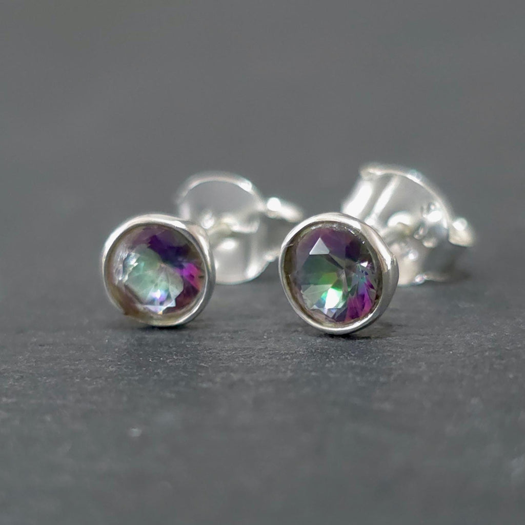 Dainty Round Mystic Topaz Studs Earrings, 925 Sterling Silver, Stone Size 0.5cm - 5mm, November Birthday Gift Ideas, Mistry Gems, S5MT