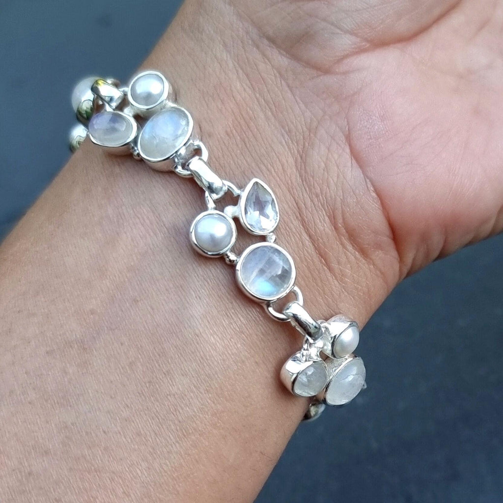 Sterling Silver Moonstone Pearl Clear Quartz Bracelet, Multi Gemstone Bridal Jewellery, MNBL1