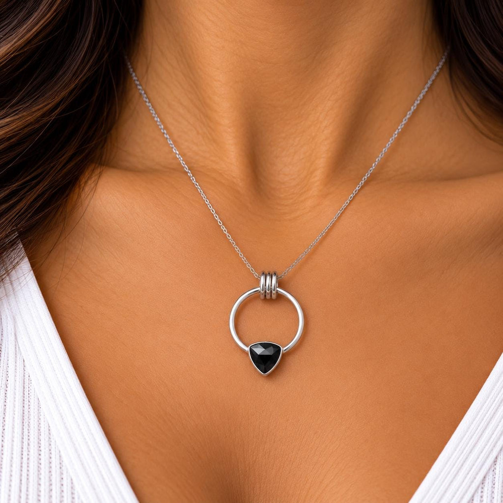 Designer Round Sterling Silver Black Onyx Pendant, P2O