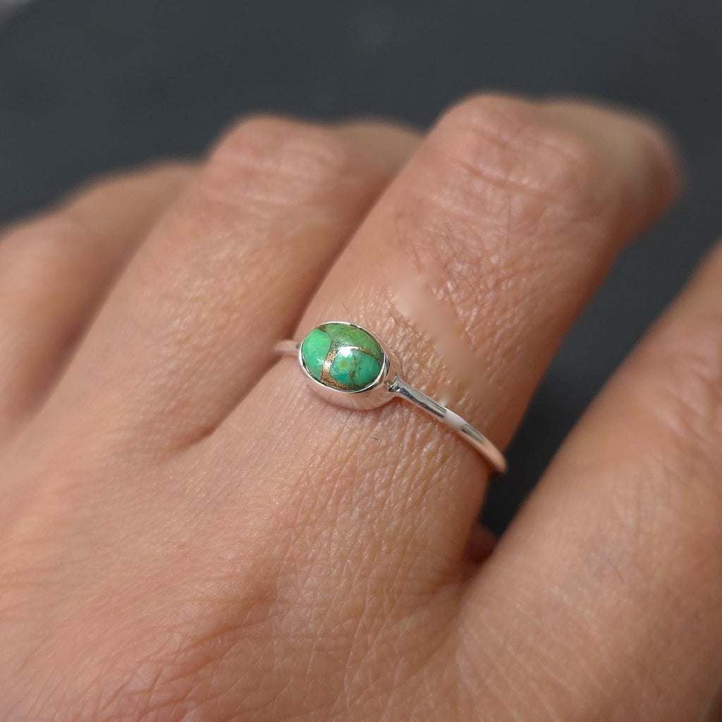 Dainty Green Copper Turquoise Stacking Ring, Horizontal Oval 925 Sterling Silver Ring, December Birthstone, R151GCT