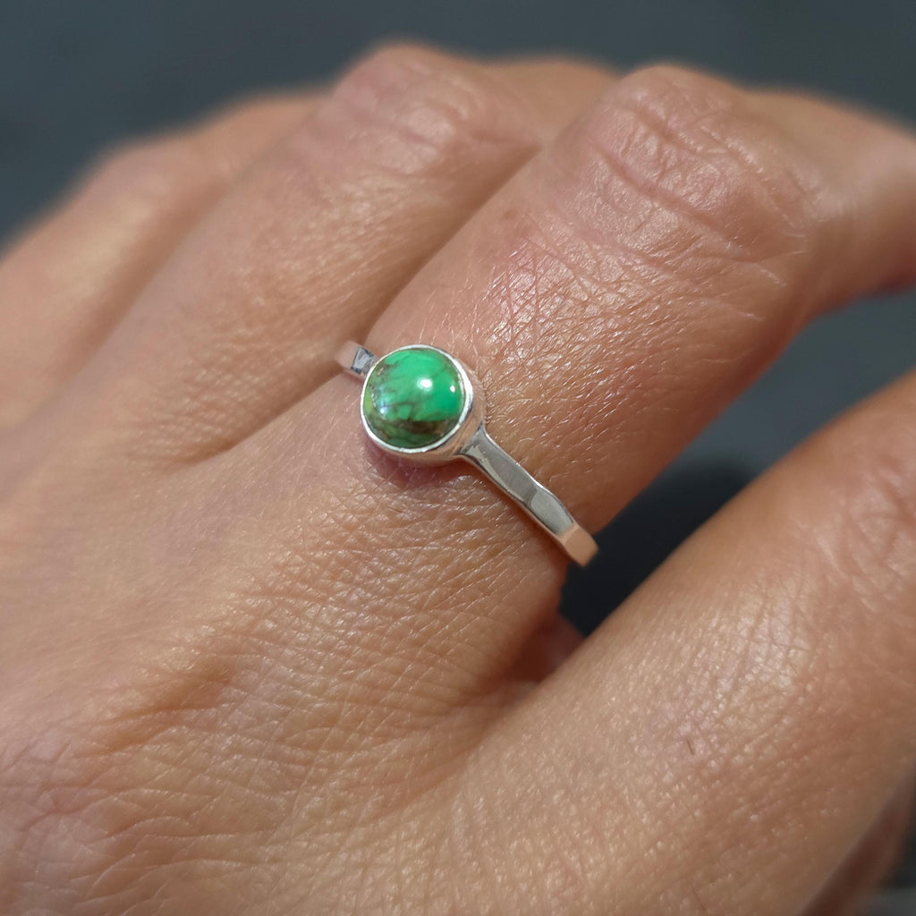 6mm Round Green Copper Turquoise Ring, 925 Sterling Silver Stacking Ring, December Birthstone, 11th Anniversary Gift, R11GCT