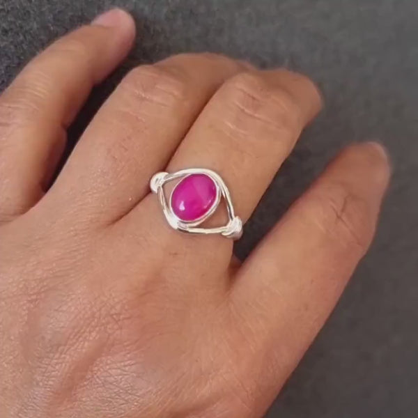 Fiery HOT Pink Agate Sterling Silver Ring, Fuschia Bright Pink Gemstone, Unusual Engagement Ring, Mistry Gems, R13PAG