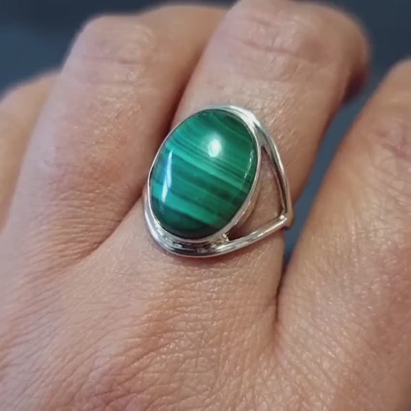 Oval Malachite Sterling Silver Ring, Stone Size 15mm x 12mm, Stripy Dark Green Gemstone Solitaire Ring, Engagement Ring, Mistry Gems,R80MALS