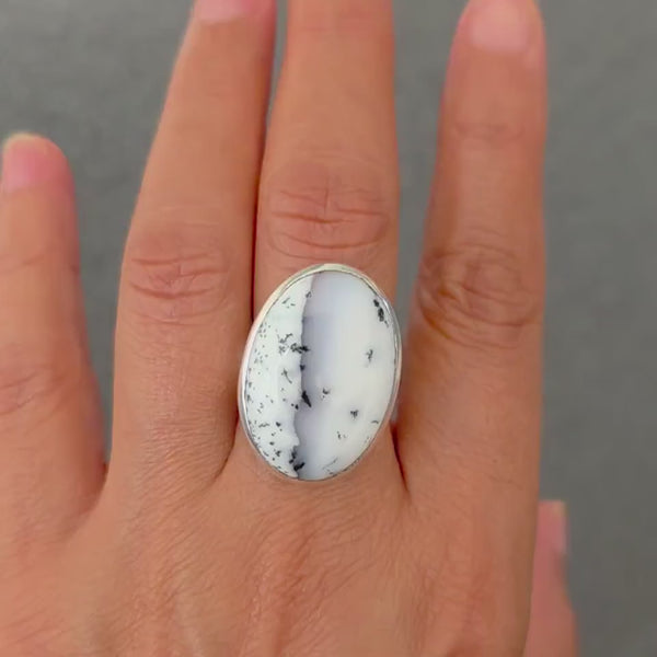 Large Oval Dendritic Opal Ring, 925 Sterling Silver, US 9 3/4 UK T, Stone 2.7cm x 1.9cm, Natural Merlinite Jewellery, Mistry Gems, R133