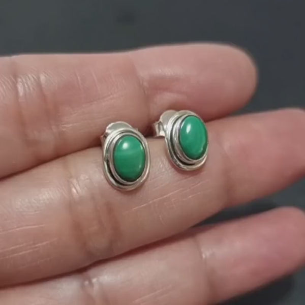 Stylish Oval Malachite Studs Earrings, 925 Sterling Silver, Size 1.0cm x 0.8cm, Stripy Green Gemstone Jewellery for Women, Mistry Gems,S3MAL