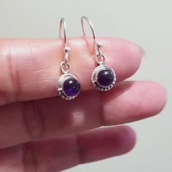 Round Amethyst Earrings, Small 925 Sterling Silver, Boho Earrings, Dainty Purple Gemstone Earrings, February Birthstone, Mistry Gems, E86A