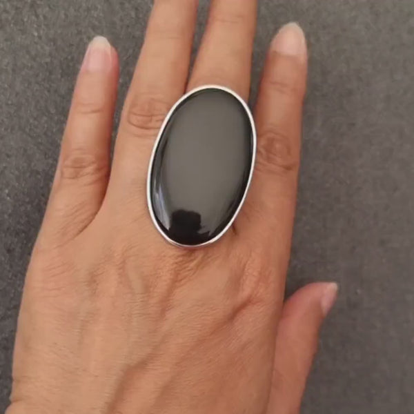 Large Black Onyx Ring, Adjustable US 8 1/2 UK Q1/2, Oval 49mm x 29mm 925 Silver Ring, Black Gemstone, Little Black Dress, Mistry Gems, R229