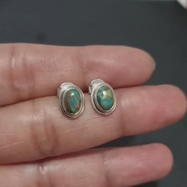 Oval Blue Copper Turquoise Stud Earrings, 925 Sterling Silver, Size 1.0cm x 0.8cm, December Birthstone, 11th Anniversary, Mistry Gems, S3BCT