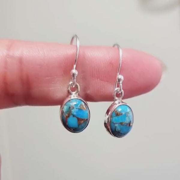 Small Blue Copper Turquoise Earrings, Oval 10mm x 8mm 925 Silver Dangly Earrings, Blue Gemstone, December Birthstone, Mistry Gems, E7T