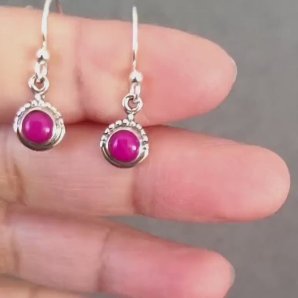 Boho Round HOT Pink Agate Earrings, Dainty 925 Sterling Silver Earrings, Bright Fuchsia Pink Gemstone, Mistry Gems, E91PAG
