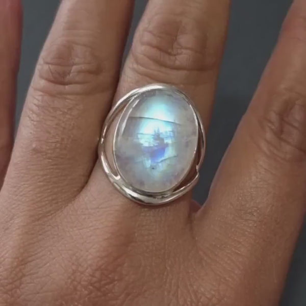Large Oval Rainbow Moonstone Ring, 20mmx 15mm 925 Sterling Silver Ring, June Birthstone, Cocktail Ring, Blue Gemstone, Mistry Gems, R80ML