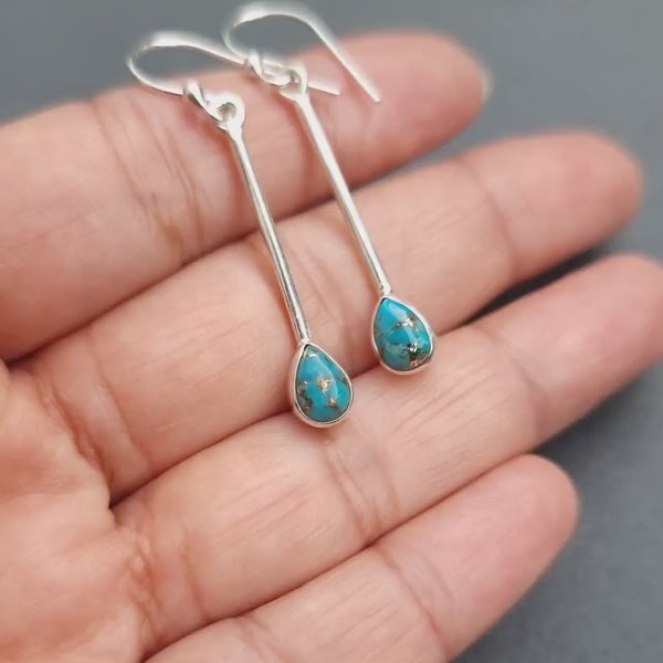 Long Blue Copper Turquoise Earrings, Dangly Teardrop 925 Silver Earrings, December Birthstone, Wedding Earrings, Mistry Gems, E15BCT