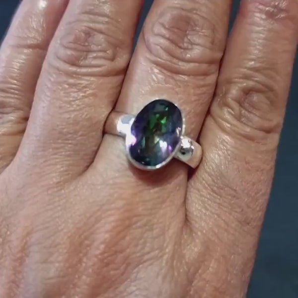 Mystic Topaz Ring, Oval 14mm x 10mm Sterling Silver, Sizes 11 1/4 - W, 11 3/4 - X, Rainbow Topaz Gemstone Engagement Ring, Mistry Gems, R92