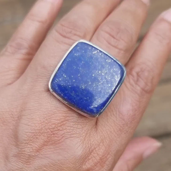 Large Square Lapis Lazuli Sterling Silver Ring, Adjustable US 9 1/4 UK S, Stone 2.5cm x 2.5cm, 9th Anniversary Gift Idea, Mistry Gems, R217
