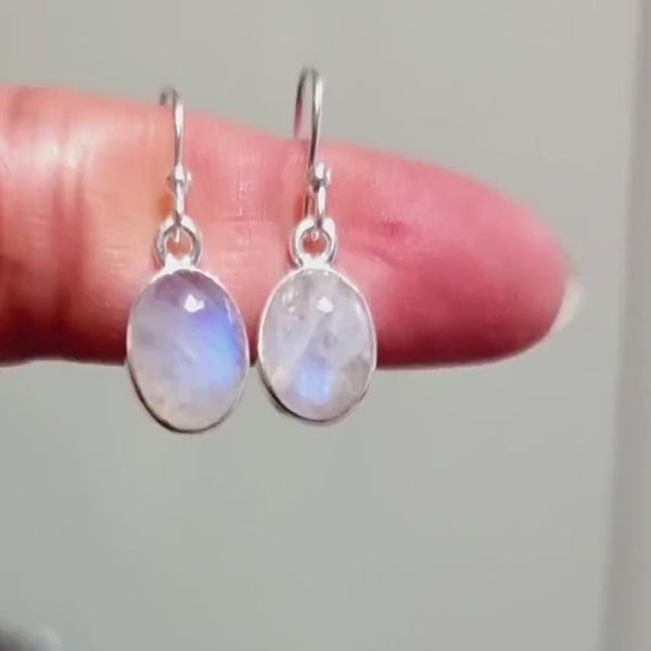 Rainbow Moonstone Earrings, Oval 10mm x 8mm 925 Sterling Silver Earrings, Irridescent Blue Gemstone, June Birthstone, Mistry Gems, E7M