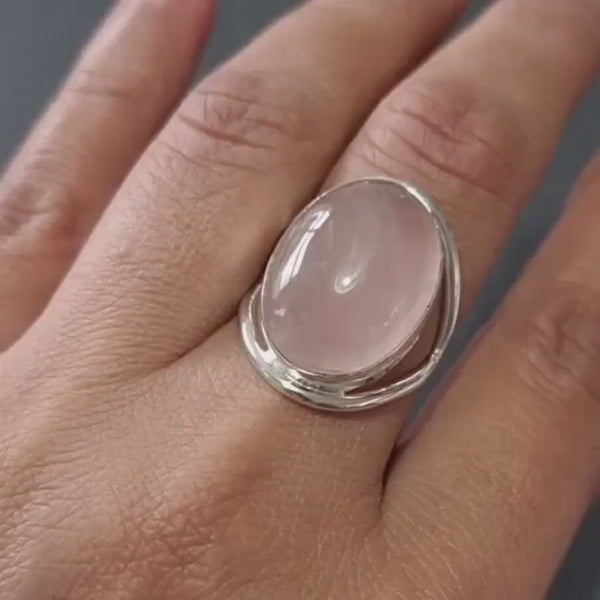 Large Oval Rose Quartz Ring, 20mm x 15mm 925 Sterling Silver Ring, Light Pink Gemstone, Engagement Ring, Cocktail Ring, Mistry Gems, R80RQ