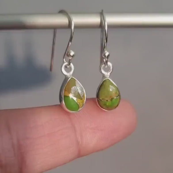Dainty Green Copper Turquoise Earrings, Teardrop 9mm x 6mm 925 Silver Earrings, Green Gemstone, Mohave Turquoise, Mistry Gems, E5GCTf