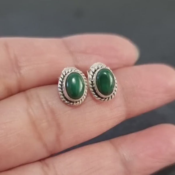Boho Oval Malachite Studs Earrings, 925 Sterling Silver Earrings, Size 1.0cm x 0.8cm, Green Gemstone Jewellery for Women, Mistry Gems, S4MAL