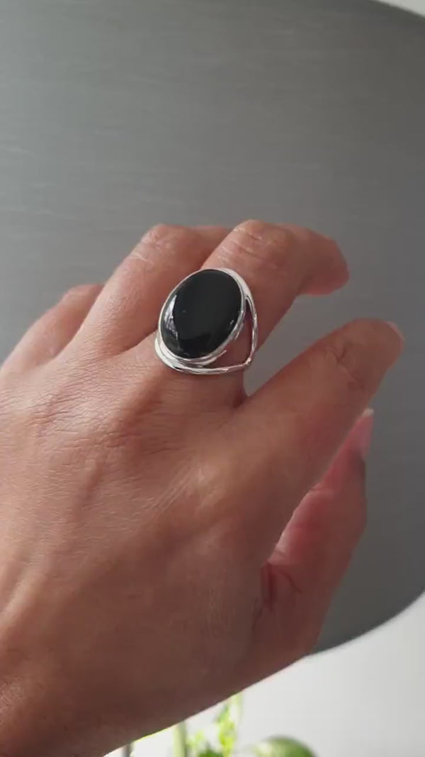 Large Oval Black Onyx Ring, 20mm x 15mm 925 Silver Cocktail Ring, Large Black Gemstone Jewellery, Little Black Dress, Mistry Gems, R80OL