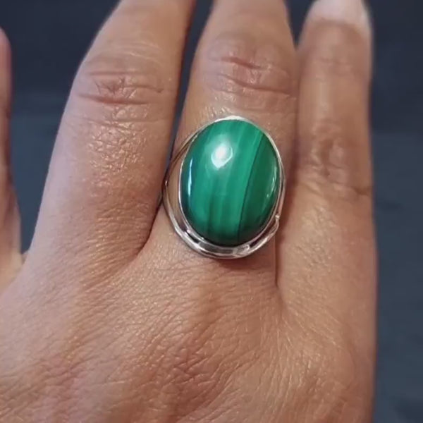 Large Oval Malachite Ring, Sterling Silver, Stone 20mm x 15mm, Stripy Dark Green Gemstone, Solitaire Engagement Ring, Mistry Gems,R80MALL
