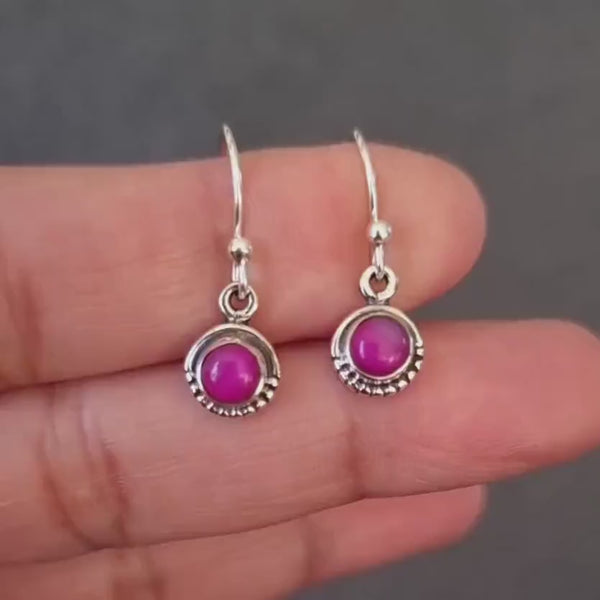 Boho Round HOT Pink Agate Earrings, Dainty 925 Sterling Silver Earrings, Bright Fuchsia Pink Gemstone, Mistry Gems, E86PAG