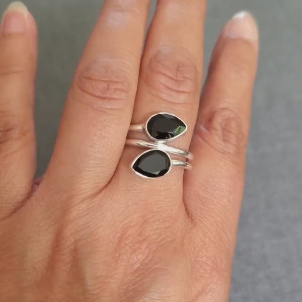 Facetted Black Onyx Ring, Two Teardrop Multistone, 925 Sterling Silver Jewellery, Wrap Snake Ring, 7th Anniversary, Mistry Gems, R35O