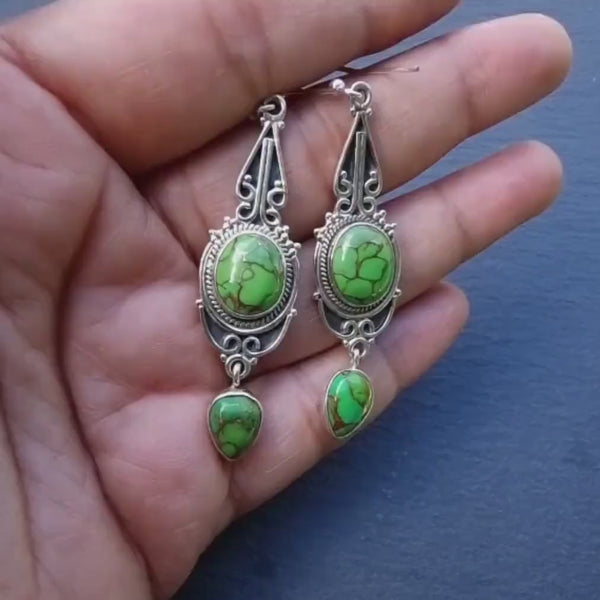 Boho Long Green Copper Turquoise Earrings, 925 Sterling Silver Dangly Earrings, Nepali Hippy Tribal Statement Earrings, Mistry Gems, E38GCT