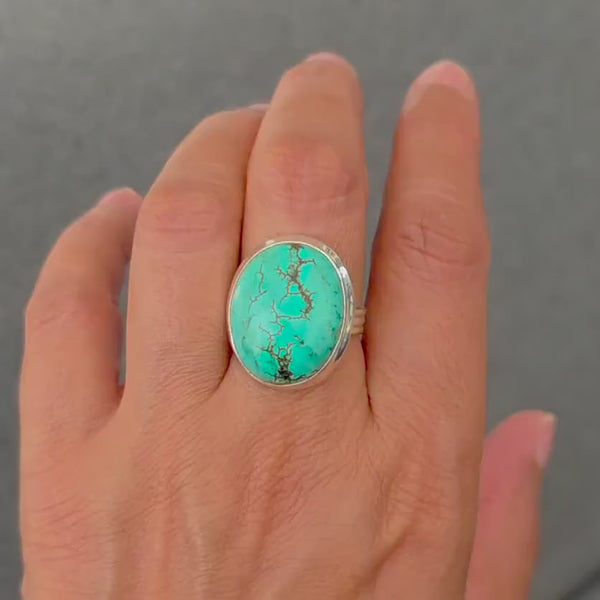Unisex Large Oval Turquoise Ring, 925 Sterling Silver, Size US 8 3/4 UK R, Stone Size 2.2cm x 1.8cm, December Birthstone, Mistry Gems, R89