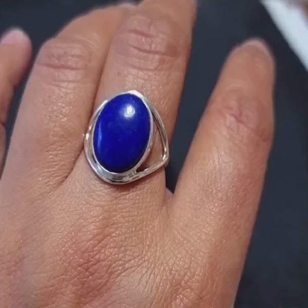 Oval Lapis Lazuli Ring, Stone Size 15mm x 12mm, 925 Sterling Silver Cocktail Ring, Cobalt Blue Gemstone, 9th Anniversary, Mistry Gems,R80LLS