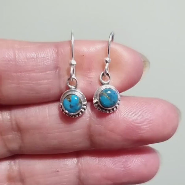 Boho Blue Copper Turquoise Earrings, Dainty Round 925 Silver Earrings, Blue Gemstone, December Birthstone, Mistry Gems, E86BCT