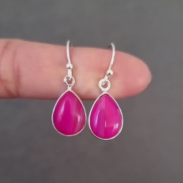 HOT Pink Agate Earrings, Large Teardrop 14mm x 10mm 925 Sterling Silver Earrings, Bright Fuchsia Pink Gemstone, Mistry Gems, E11PAG