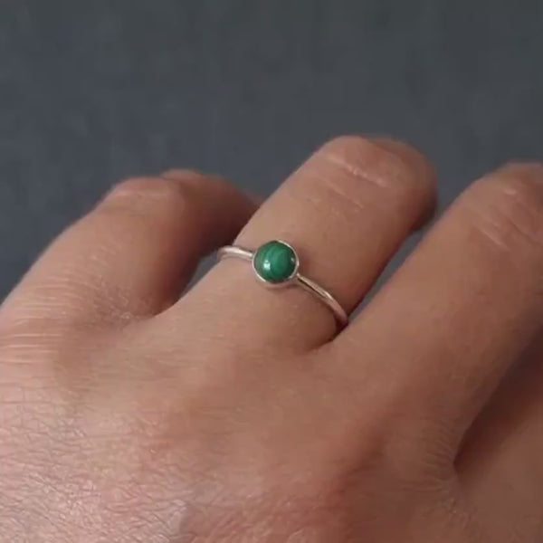 Malachite Ring, Round 5mm Gemstone Stacking Ring, 925 Sterling Silver, Wedding Jewellery, Solitaire Ring, Dark Green, Mistry Gems R10MAL