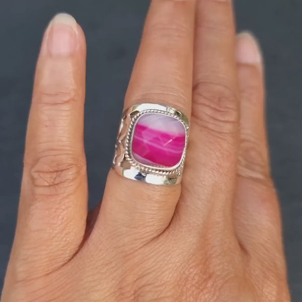 Bohemian Facetted Pink Agate Ring, 925 Sterling Silver Filigree Ring, US 6 1/4 UK L-M, Fuchsia Pink Square Gemstone, Mistry Gems, R128PAG